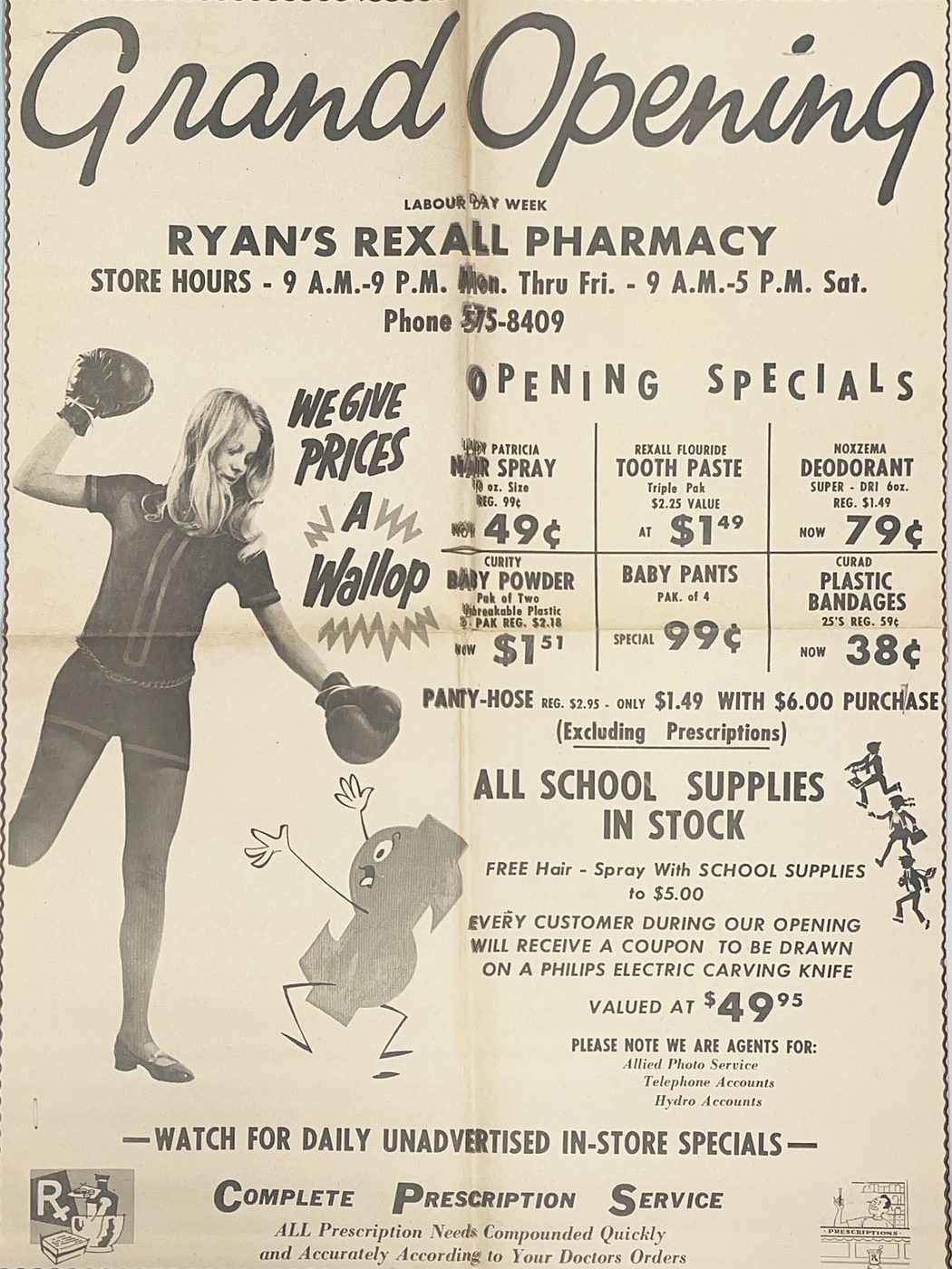 Grand Opening newspaper advertisement from 1970 for Ryan's Rexall Pharmacy